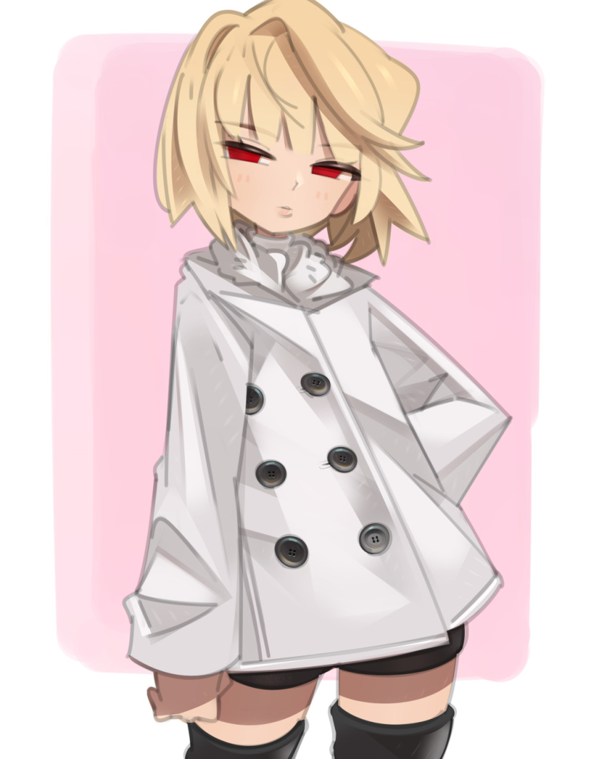 1girl arcueid_brunestud arm_behind_back black_legwear black_shorts blonde_hair eyebrows_visible_through_hair half-closed_eyes highres jacket leaning_back looking_at_viewer onionsketch red_eyes shorts solo thigh-highs tsukihime white_jacket