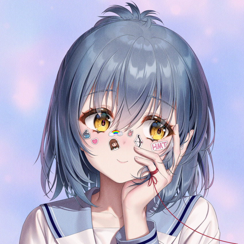 1girl bangs blonde_hair blue_hair blue_sailor_collar closed_mouth collarbone commentary_request eyebrows_visible_through_hair hair_between_eyes hand_on_own_cheek hand_on_own_face haneru haru_(haneru) highres himitsu_no_jugyou looking_away looking_to_the_side portrait purple_background red_ribbon ribbon sailor_collar school_uniform serafuku shirt short_hair short_ponytail smile solo sticker sticker_on_face string string_of_fate upper_body white_shirt