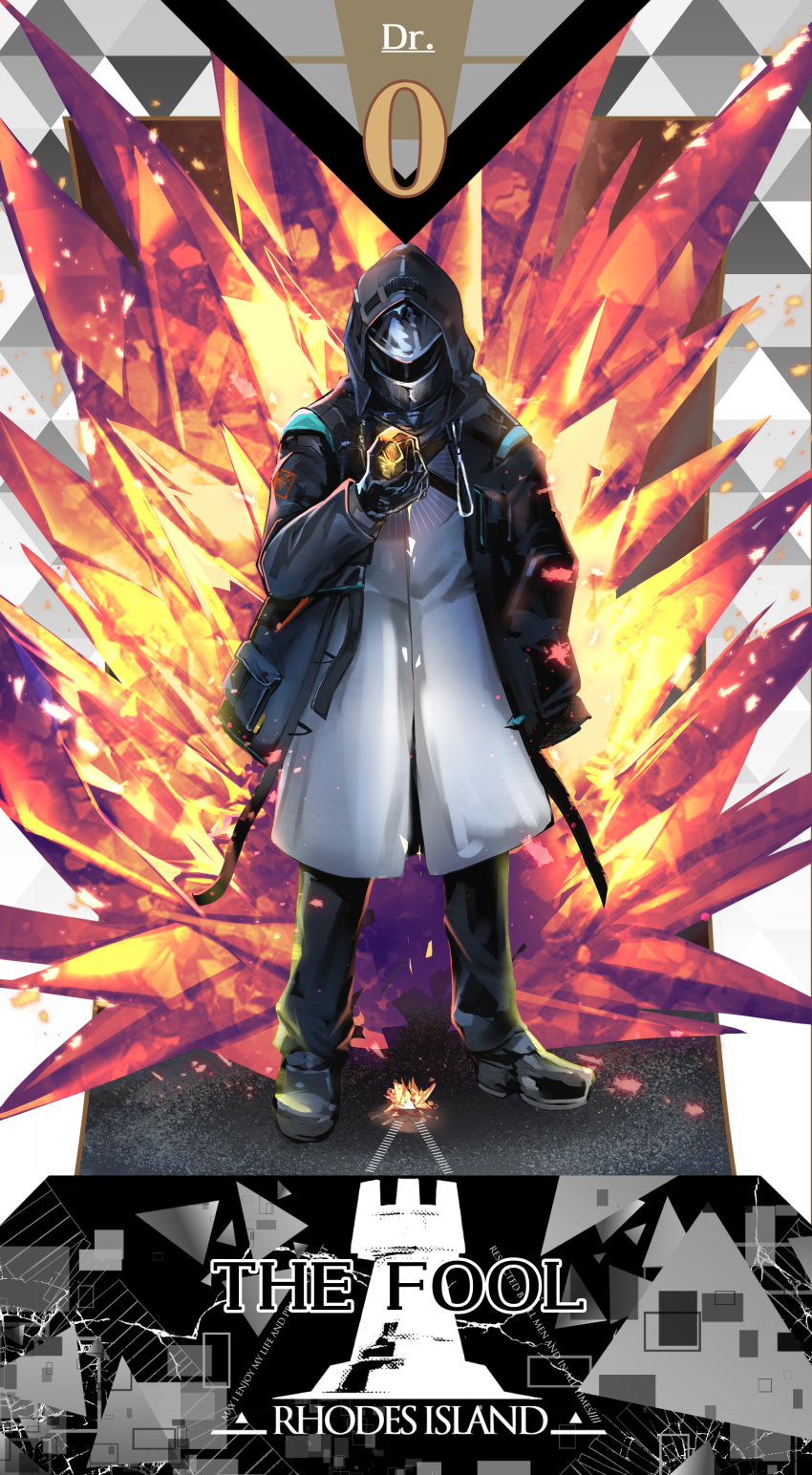 1other absurdres ambiguous_gender arknights black_footwear black_gloves black_hoodie black_jacket character_name coat commentary_request crystal doctor_(arknights) english_text full_body gloves hand_in_pocket highres holding hood hood_up hooded_coat hooded_jacket hoodie jacket ku-ba long_sleeves looking_at_object mask open_clothes open_jacket originium_(arknights) rhodes_island_logo solo standing tarot the_fool_(tarot)