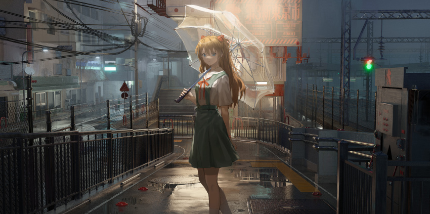 1girl absurdres ata-zhubo blue_eyes closed_mouth highres neon_genesis_evangelion outdoors red_ribbon ribbon road school_uniform sign souryuu_asuka_langley stairs street tokyo-3_middle_school_uniform traffic_light umbrella water