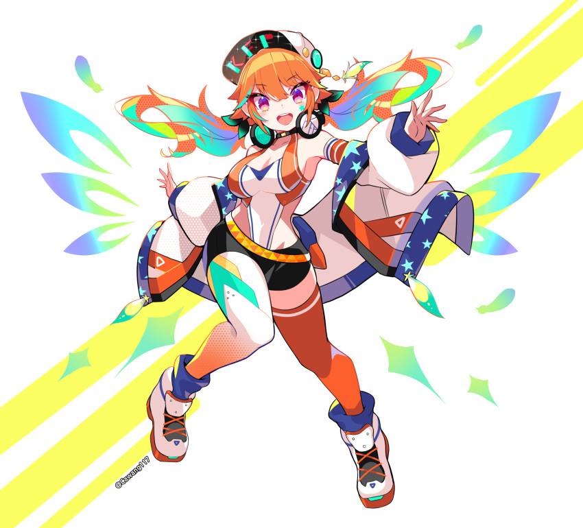 1girl alternate_costume armpits breasts cawang eyebrows_visible_through_hair headphones highres hololive hololive_english jacket medium_breasts open_clothes open_jacket open_mouth orange_hair orange_headwear shoes signature solo takanashi_kiara twintails virtual_youtuber