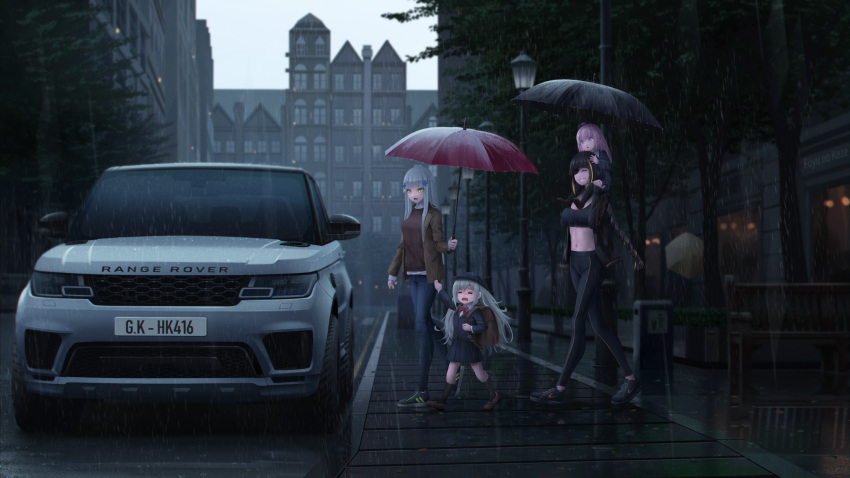 4girls backpack bag bangs bench clothes_pull denim evening fuyu_no_kaze g11_(girls'_frontline) girls_frontline green_eyes grey_hair ground_vehicle gun highres hk416_(girls'_frontline) jeans long_hair m16a1_(girls'_frontline) motor_vehicle multiple_girls open_mouth pants pleated_skirt rain range_rover rifle scenery skirt smile sports_bra sportswear st_ar-15_(girls'_frontline) standing tree umbrella weapon