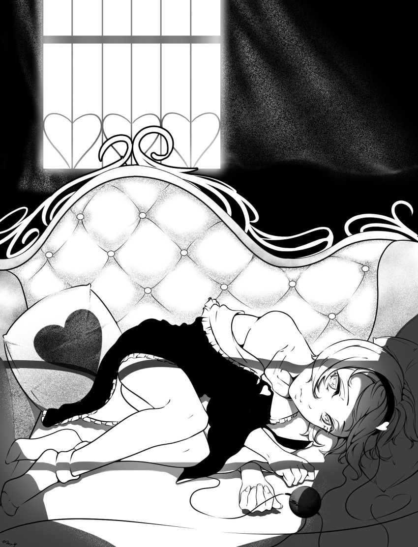 1girl :s closed_mouth collarbone commentary couch cushion dress fingernails frilled_dress frills full_body greyscale hair_ornament hairband heart heart_hair_ornament heart_of_string highres indoors komeiji_satori looking_at_viewer lying monochrome no_shoes off_shoulder on_couch on_side shikahisa_totani short_hair signature socks solo third_eye touhou window
