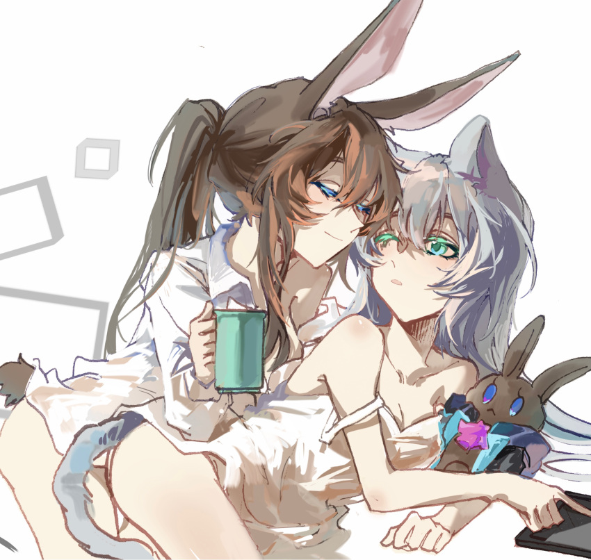 2girls amiya_(arknights) animal_ears arknights bangs bare_shoulders blush breasts brown_hair cat_girl cat_tail character_doll closed_eyes closed_mouth colored_eyelashes cup dress e-fa-dorn green_eyes grey_hair highres holding holding_cup long_hair lying mug multiple_girls on_side one_eye_closed parted_lips ponytail rabbit_ears rabbit_girl rabbit_tail rosmontis_(arknights) shirt simple_background sleeveless sleeveless_dress strap_slip stuffed_animal stuffed_bunny stuffed_toy tablet_pc tail white_background white_dress white_shirt yuri