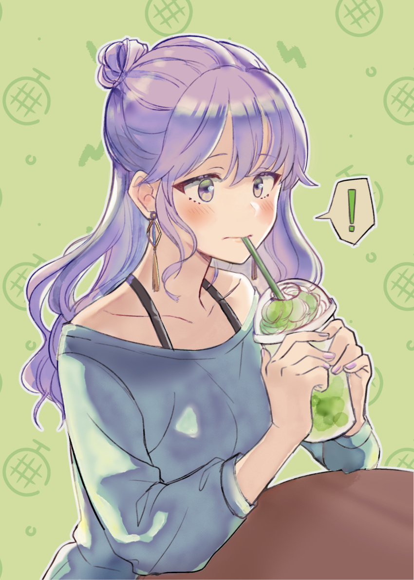 ! 1girl absurdres alternate_hairstyle azami_(etra-chan_wa_mita!) bangs blue_shirt blush collarbone commentary_request cup disposable_cup drink drinking etra-chan_wa_mita! eyebrows_visible_through_hair green_background hair_bun highres holding holding_cup holding_drink long_hair long_sleeves no_eyewear nyako_(lhq3p) off-shoulder_shirt off_shoulder purple_hair shirt solo table upper_body violet_eyes
