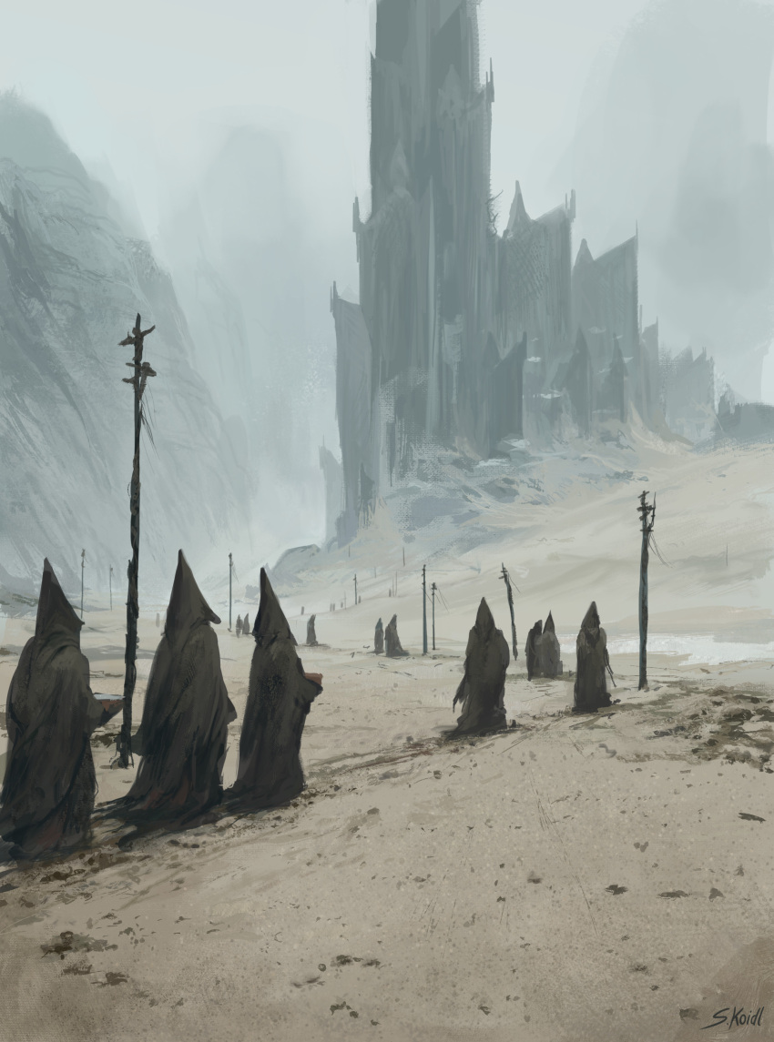 6+others absurdres ambiguous_gender black_robe castle commentary english_commentary fantasy highres mountain multiple_others original outdoors sand signature stefan_koidl