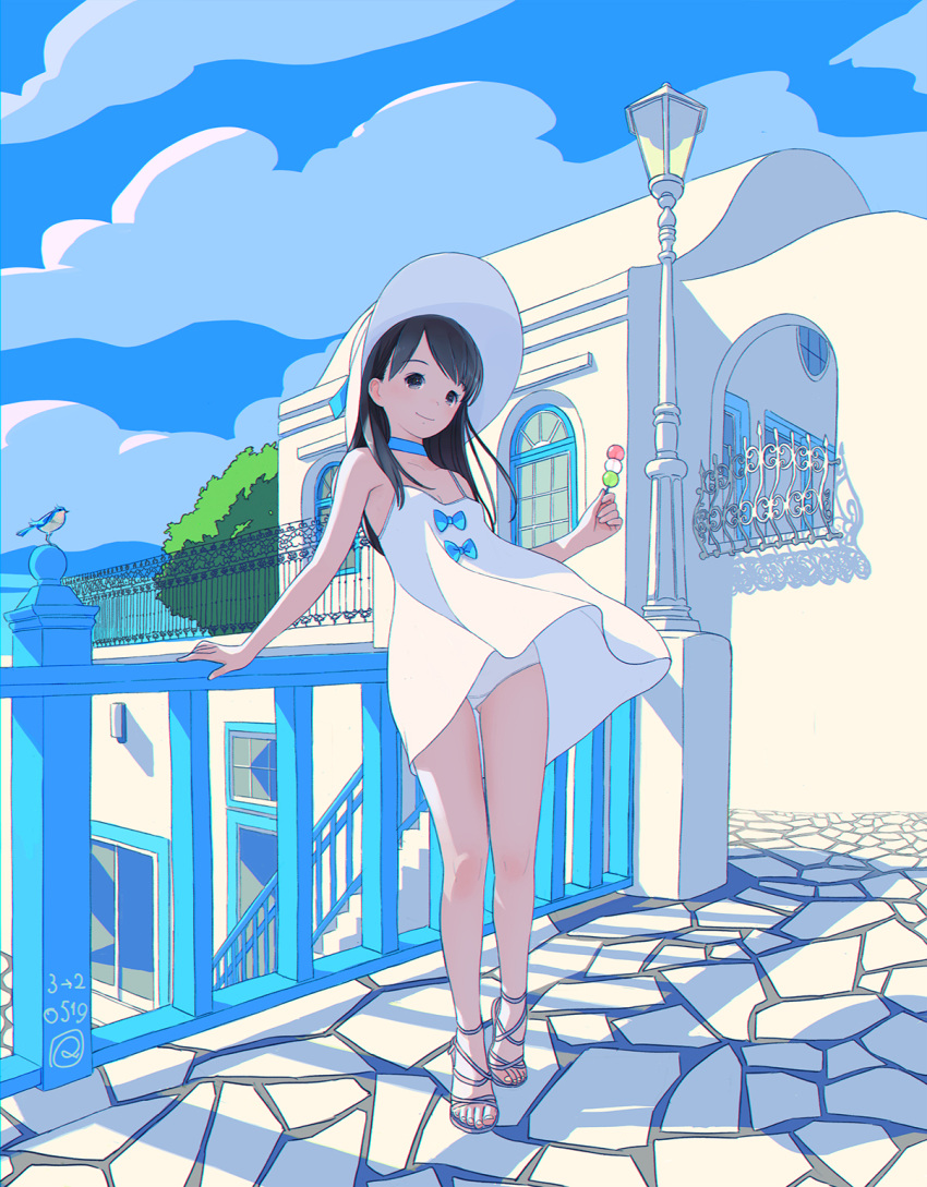 1girl arm_support bangs bare_arms bare_shoulders black_hair blue_bow blue_choker blue_sky bow building choker clouds cloudy_sky collarbone dango day dress food grey_eyes grey_footwear hat highres holding holding_food kokudou_juunigou lamppost long_hair original outdoors panties pantyshot railing sandals sanshoku_dango sky sleeveless sleeveless_dress solo sun_hat swept_bangs underwear wagashi white_dress white_headwear white_panties window