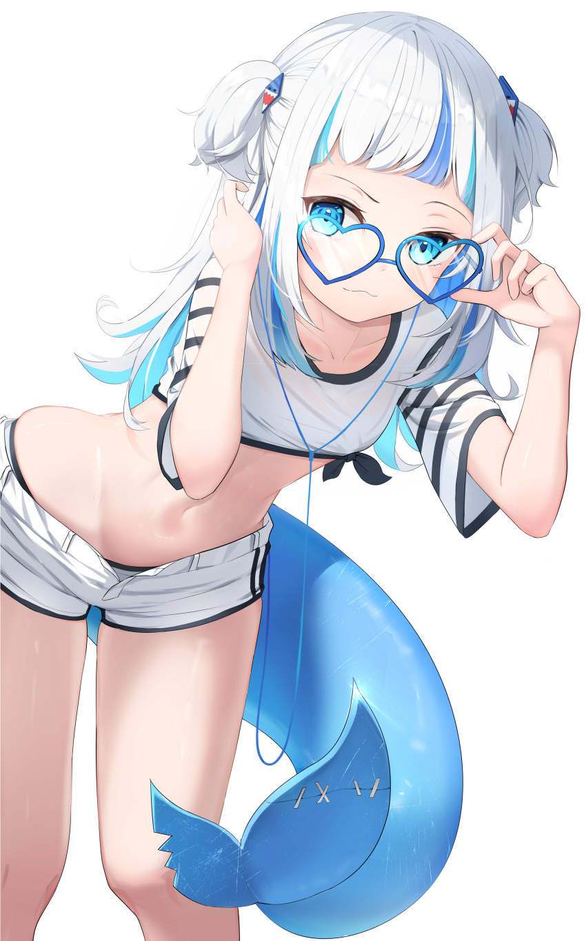 1girl absurdres bare_legs blue_hair collarbone colored_inner_hair earphones fish_tail gawr_gura glasses grey_hair heart heart-shaped_eyewear highres hololive hololive_english leaning_forward long_hair midriff multicolored_hair navel raised_eyebrow shark_tail shirt short_shorts shorts simple_background solo streaked_hair tail three_twosix tied_shirt two_side_up virtual_youtuber white_background