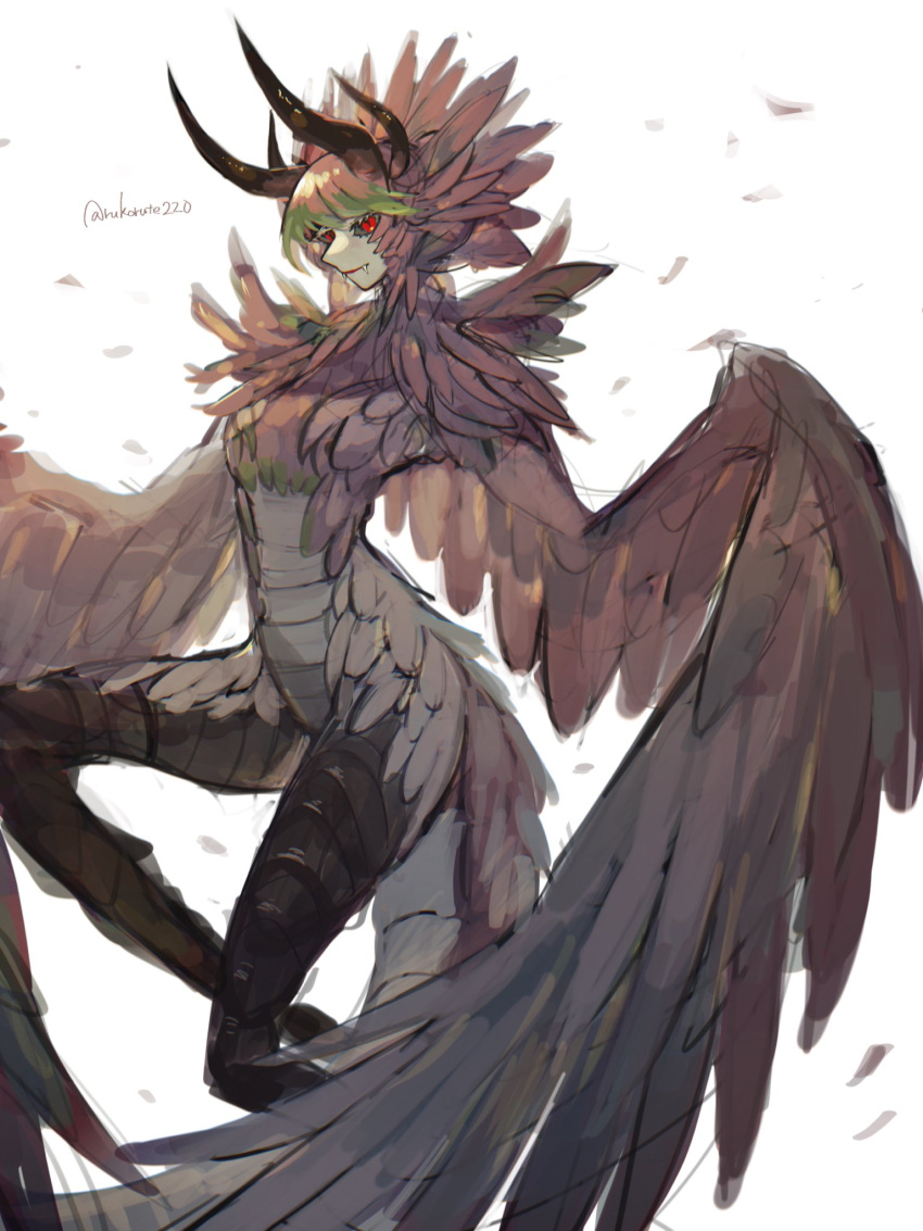 1girl black_sclera breasts colored_eyelashes colored_sclera commentary_request fangs feathered_wings feathers harpy highres horns looking_at_viewer monster_girl original red_eyes ruteko_(ruko220) signature small_breasts solo tail winged_arms wings