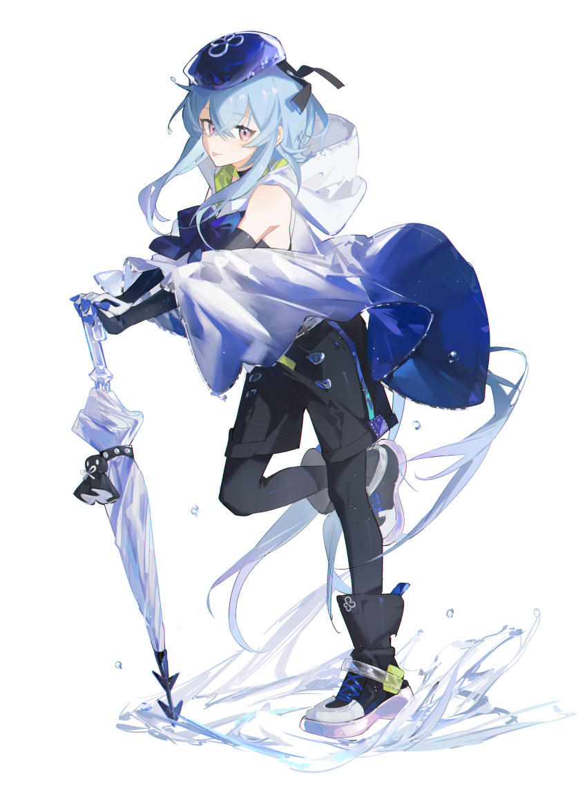 1boy :p absurdres androgynous aqua- arknights bangs bare_shoulders black_shorts blue_hair blue_headwear commentary crossed_bangs elbow_gloves full_body gloves green_neckerchief hair_between_eyes highres leg_up legwear_under_shorts long_hair looking_at_viewer male_focus mizuki_(arknights) neckerchief own_hands_together pantyhose planted planted_umbrella red_eyes shoes shorts simple_background sneakers standing standing_on_one_leg tongue tongue_out umbrella water white_background