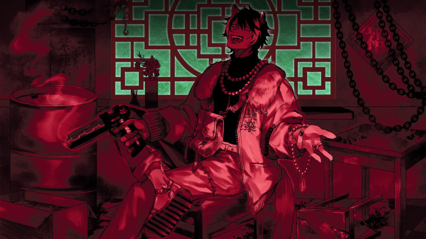 1boy :d animal_ears architecture bead_bracelet bead_necklace beads black_hair black_nails blood blood_splatter bracelet chain chair chinese_text crossed_legs damaged dark earrings east_asian_architecture fangs flower foot_out_of_frame fur_trim gun hair_between_eyes handgun highres holding holding_gun holding_weapon holostars hook indoors jackal_boy jackal_ears jackal_tail jacket jewelry kageyama_shien lattice limited_palette looking_at_viewer male_focus multicolored_hair necklace pouch rutaozi sandals seigaiha shanti_(vocaloid) shirt short_hair sitting smile smoke smoking_gun solo stitches table teeth two-tone_hair vase weapon zipper