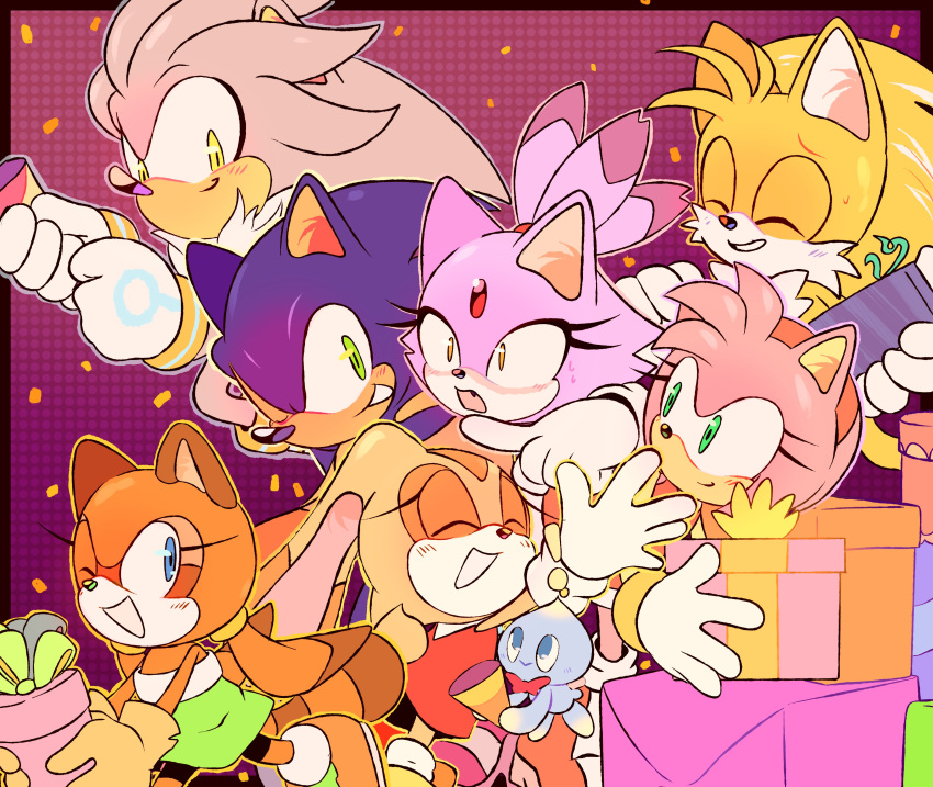! 3boys 4girls :&gt; ^_^ absurdres amy_rose animal_ears animal_nose arm_around_neck arm_up bare_shoulders bike_shorts birthday black_border blaze_the_cat blue_eyes blue_fur blue_hair blush body_fur border bow bowtie box brown_hair cat_ears cat_girl chao_(sonic) cheese_(sonic) child closed_eyes closed_mouth commentary confetti constricted_pupils cream_the_rabbit dress embarrassed english_commentary fang flat_chest forehead_jewel fox_boy fox_ears fox_tail furry furry_female furry_male gem gift gift_box gloves gradient gradient_background green_dress green_eyes grey_fur grey_hair grey_outline grin hair_tie hairband happy high_heels highres holding holding_box holding_gift holding_party_popper hug light_blush long_hair looking_at_another looking_back looking_up marine_the_raccoon multicolored_hair multiple_boys multiple_girls nervous nose_blush one_eye_closed open_mouth orange_eyes orange_footwear orange_fur orange_gloves orange_hair outline outside_border party party_popper pink_footwear pink_fur pink_hair pink_outline pointing purple_background purple_fur purple_hair purple_outline rabbit_ears rabbit_girl rabbit_tail raccoon_ears raccoon_girl raccoon_tail red_bow red_bowtie red_dress red_gemstone red_hairband shoes short_dress short_hair sidelocks sideways_mouth silver_the_hedgehog simple_background smile sonic_(series) sonic_the_hedgehog spiky_hair stellarspin strapless strapless_dress sweat tail tails_(sonic) topknot traditional_bowtie twintails two-tone_fur two-tone_hair white_fur white_gloves yellow_eyes yellow_fur yellow_outline