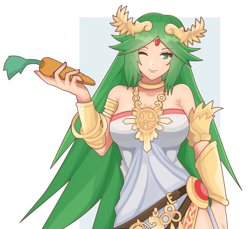 1girl ;) armwear bare_shoulders carrot cleavage commission commissioner_upload djames green_eyes green_hair holding_object jamesfe kid_icarus kid_icarus_uprising large_breasts looking_at_viewer matching_hair/eyes necklace palutena parted_bangs pendant side_slit sleeveless_dress smile solo solo_female strapless_dress very_long_hair white_background white_dress wink