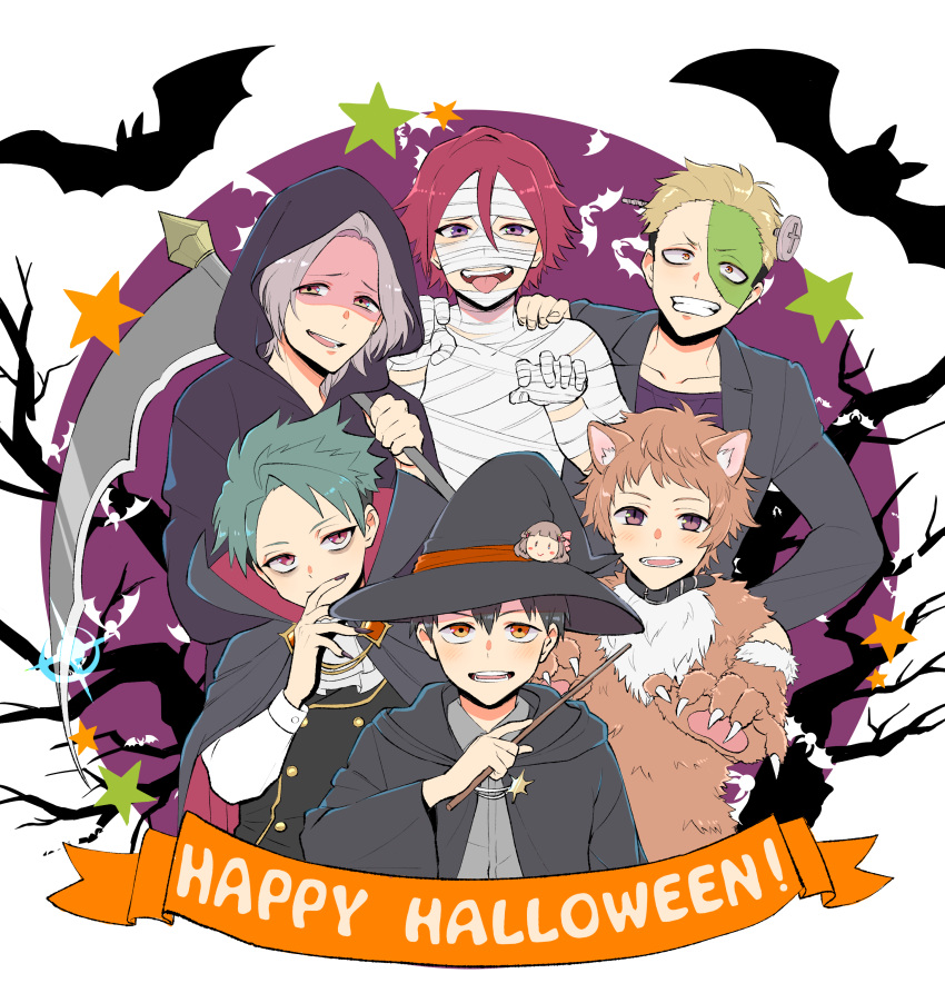 6+boys absurdres akamatsu_(etra-chan_wa_mita!) animal_costume animal_ears animal_hands bandages bangs bat black_choker black_cloak black_hair black_jacket blazer blonde_hair bolt brown_eyes choker cloak collarbone cosplay death_(entity) etra-chan_wa_mita! etra_(etra-chan_wa_mita!) frankenstein's_monster frankenstein's_monster_(cosplay) green_hair grim_reaper grim_reaper_(cosplay) halloween halloween_costume hand_on_another's_shoulder happy_halloween hat highres hiiragi_(etra-chan_wa_mita!) holding holding_scythe holding_wand jacket katsura_(etra-chan_wa_mita!) kuroki_(etra-chan_wa_mita!) long_sleeves looking_at_viewer male_focus multiple_boys mummy_costume nyako_(lhq3p) open_clothes open_jacket open_mouth orange_eyes purple_hair red_eyes redhead scythe short_hair smile stitches tachibana_(etra-chan_wa_mita!) teeth tokusa_(etra-chan_wa_mita!) tongue tongue_out transparent_background undercut upper_teeth vampire_costume violet_eyes wand witch_hat wolf_costume wolf_ears