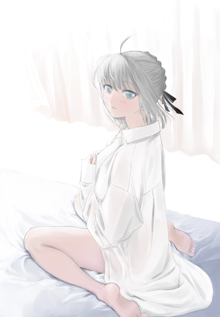 1girl ahoge bangs bare_legs barefoot bed_sheet black_ribbon blue_eyes braid collared_shirt fate_(series) floating_hair gray_(fate) hair_ribbon highres long_sleeves looking_at_viewer lord_el-melloi_ii_case_files maru_(pjnh8882) naked_shirt parted_lips ribbon shirt short_hair sitting sleeves_past_wrists soles solo wariza white_hair white_shirt wing_collar