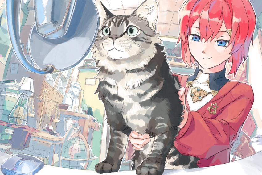 1girl ange_katrina animal bangs blue_eyes cat eyebrows_behind_hair eyebrows_visible_through_hair globe holding holding_animal holding_cat microphone nijisanji pop_filter red_sweater redhead row_(row2780) short_hair smile solo sweater triangle_hair_ornament virtual_youtuber whiskers