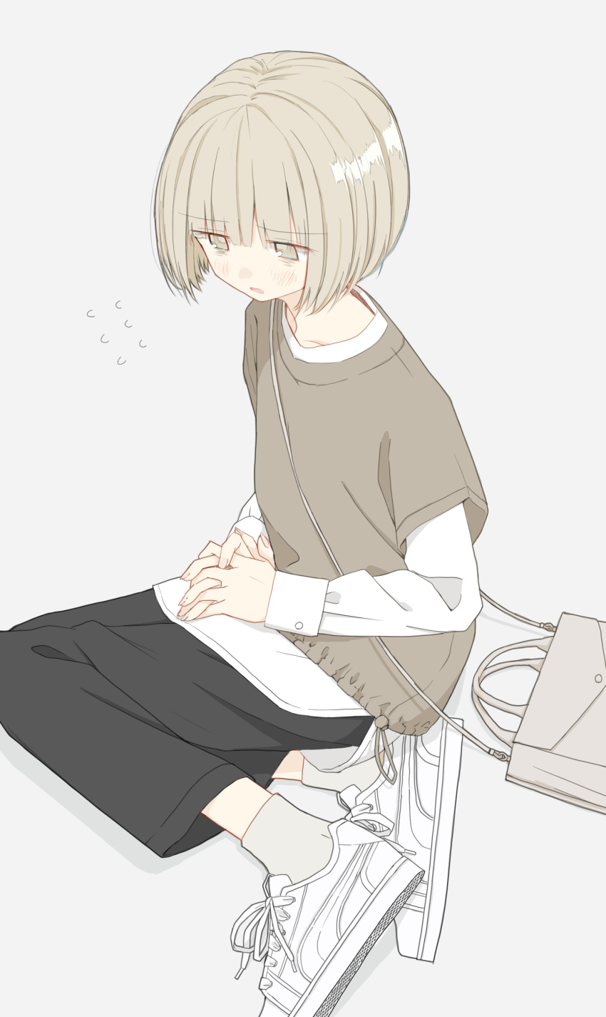 1girl absurdres bag black_pants bob_cut brown_eyes brown_hair brown_sweater commentary_request grey_background grey_legwear highres layered_sleeves long_sleeves original pants shadow shirt shoes short-sleeved_sweater short_hair short_over_long_sleeves short_sleeves shoulder_bag socks solo sweater usui_harusame white_footwear white_shirt