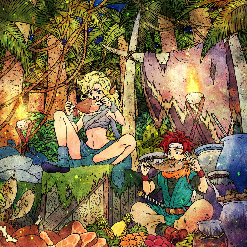 1boy 1girl aqua_tunic ayla_(chrono_trigger) belt black_shirt blonde_hair blue_eyes boots bracer breasts chrono_trigger crate crono_(chrono_trigger) eating fangs fish food fruit full_body fur_boots fur_scarf fur_shirt headband highres jug leaf meat medium_breasts midriff moss navel orange_scarf pants pineapple redhead scarf shirt sitting skewer spiky_hair steak torch toriga tree wavy_hair white_pants