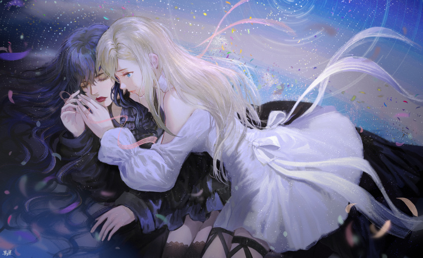 2girls absurdres ascot bangs bare_shoulders black_ascot black_hair black_legwear blonde_hair blue_eyes cacanep chinese_commentary closed_eyes commentary_request dress feet_out_of_frame final_fantasy final_fantasy_xiv gaia_(ff14) highres hyur imminent_hand_holding long_hair long_sleeves looking_at_another lying lying_on_person multiple_girls off-shoulder_dress off_shoulder on_side petals pink_ribbon puffy_long_sleeves puffy_sleeves red_lips ribbon ryne signature thigh-highs thigh_strap white_dress yuri