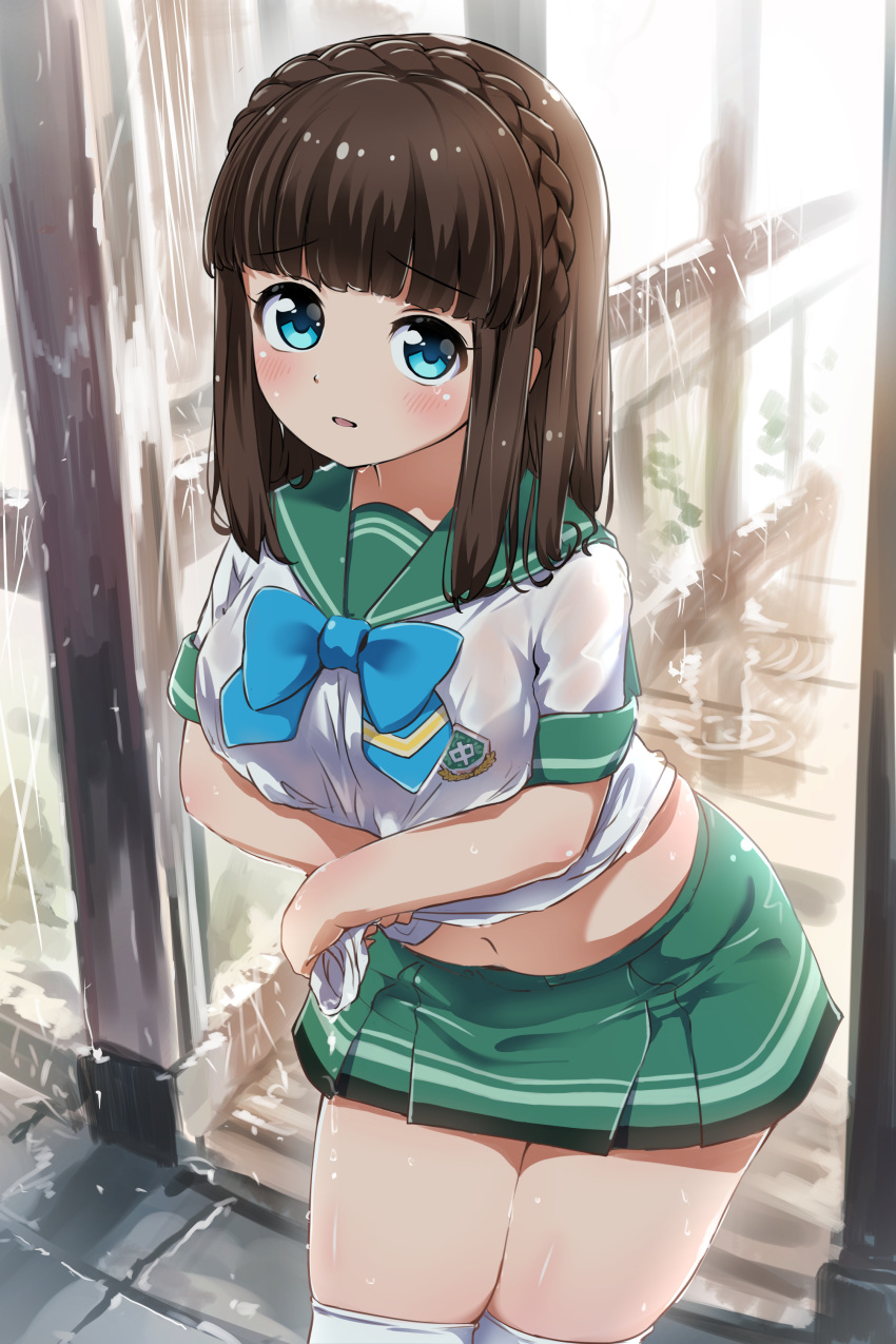 1girl absurdres asahina_kokomi bangs battle_girl_high_school blue_eyes blunt_bangs blush braid breasts brown_hair commentary_request eyebrows_visible_through_hair green_sailor_collar green_skirt highres large_breasts long_hair looking_at_viewer navel open_mouth rain sailor_collar school_uniform see-through serafuku shirt short_sleeves skirt solo standing tamanegi_(12030028) thigh-highs water_drop wet wet_clothes white_legwear white_shirt wringing_clothes