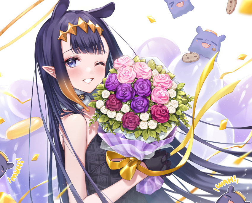 1girl bangs black_gloves blue_eyes blunt_bangs bouquet character_name clenched_teeth dark_blue_hair flower fur_choker gloves headpiece highres holding holding_bouquet hololive hololive_english long_hair looking_at_viewer mole mole_under_eye ninomae_ina'nis one_eye_closed pink_flower pointy_ears purple_flower ribbon shiao smile solo tako_(ninomae_ina'nis) teeth tentacle_hair upper_body virtual_youtuber white_flower yellow_ribbon