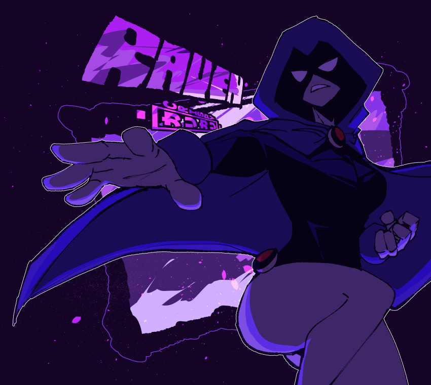 1girl absurdres artist_request belt breasts cape colored_skin dc_comics forehead_jewel gloves highres hood hood_up leotard looking_at_viewer medium_breasts raven_(dc) simple_background solo teen_titans thighs