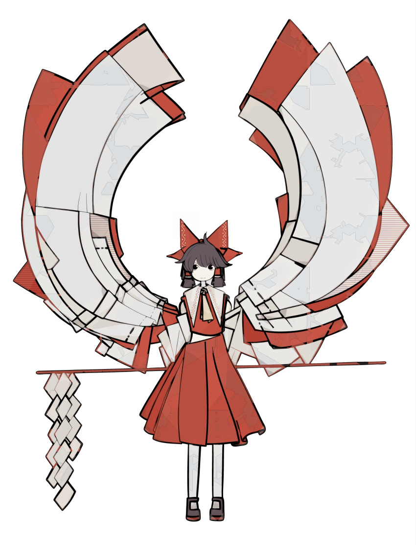 1girl absurdres adapted_costume ascot black_hair bow closed_mouth commentary_request detached_sleeves full_body hair_bow hair_tubes hakurei_reimu harano_kaguyama highres looking_at_viewer medium_hair red_bow red_shirt red_skirt shirt skirt sleeveless sleeveless_shirt smile solo touhou yellow_ascot