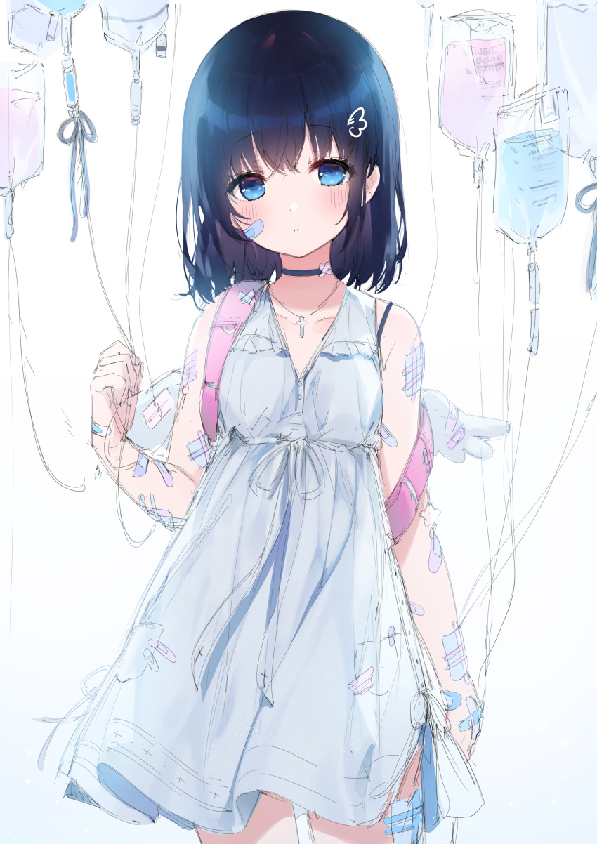 1girl a20_(atsumaru) absurdres angel_wings backpack bag bandage_on_face bandaged_arm bandaged_hand bandaged_leg bandaged_wings bandages bangs black_bra black_hair blue_eyes blush bra bra_strap breasts carrying_bag choker collarbone commentary_request cross cross_necklace dress expressionless fake_wings hair_ornament hairclip highres intravenous_drip jewelry looking_at_viewer necklace original parted_lips pink_bag simple_background sleeveless sleeveless_dress small_breasts solo standing underwear white_background white_dress wings