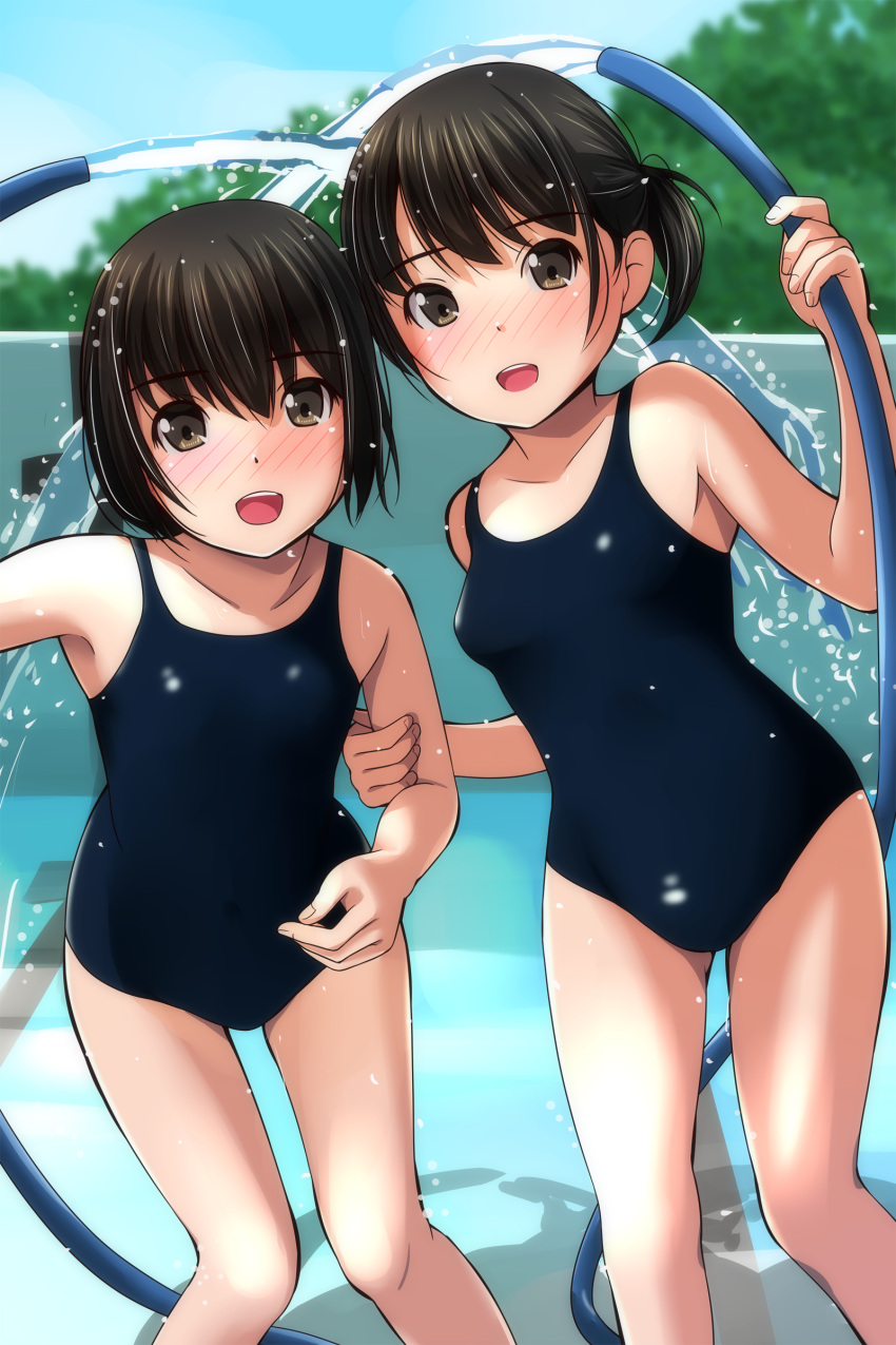 2girls :d absurdres bangs bare_arms bare_shoulders blue_sky blue_swimsuit blurry blurry_background blush bob_cut breasts brown_eyes day depth_of_field eyebrows_visible_through_hair flat_chest hand_on_another's_shoulder highres holding hose hose_nozzle looking_at_viewer matsunaga_kouyou multiple_girls nose_blush one-piece_swimsuit open_mouth original ponytail pool short_hair side_ponytail sky small_breasts smile swimsuit tree water wet wet_clothes wet_hair