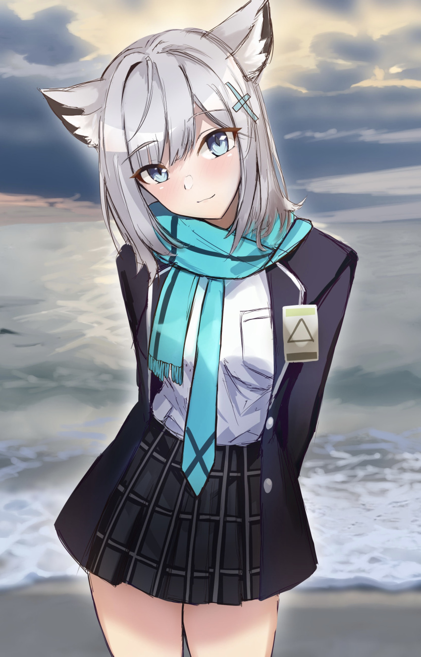 1girl absurdres animal_ear_fluff animal_ears arms_behind_back bangs black_jacket black_skirt blue_archive blue_eyes blue_necktie blue_scarf blush closed_mouth clouds cloudy_sky commentary_request day deen_(hnxp8555) eyebrows_visible_through_hair fringe_trim grey_hair hair_between_eyes hair_ornament head_tilt highres jacket long_hair looking_at_viewer necktie open_clothes open_jacket outdoors plaid plaid_skirt pleated_skirt scarf shiroko_(blue_archive) shirt skirt sky smile solo water white_shirt