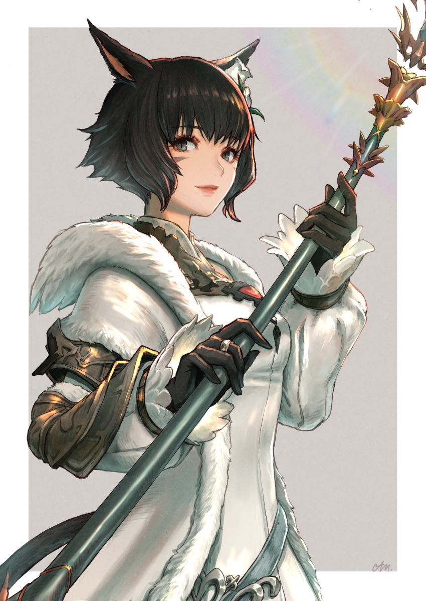 1girl absurdres animal_ears avatar_(ff14) bangs belt black_gloves black_hair border cam_(cammero95713700) cat_ears cat_girl cat_tail coat facial_mark final_fantasy final_fantasy_xiv flower fur-trimmed_coat fur_trim gloves grey_background grey_eyes hair_flower hair_ornament highres holding holding_staff jewelry long_sleeves looking_at_viewer miqo'te open_clothes open_coat outside_border puffy_long_sleeves puffy_sleeves ring shirt short_hair signature slit_pupils smile solo staff standing tail white_border white_coat white_shirt