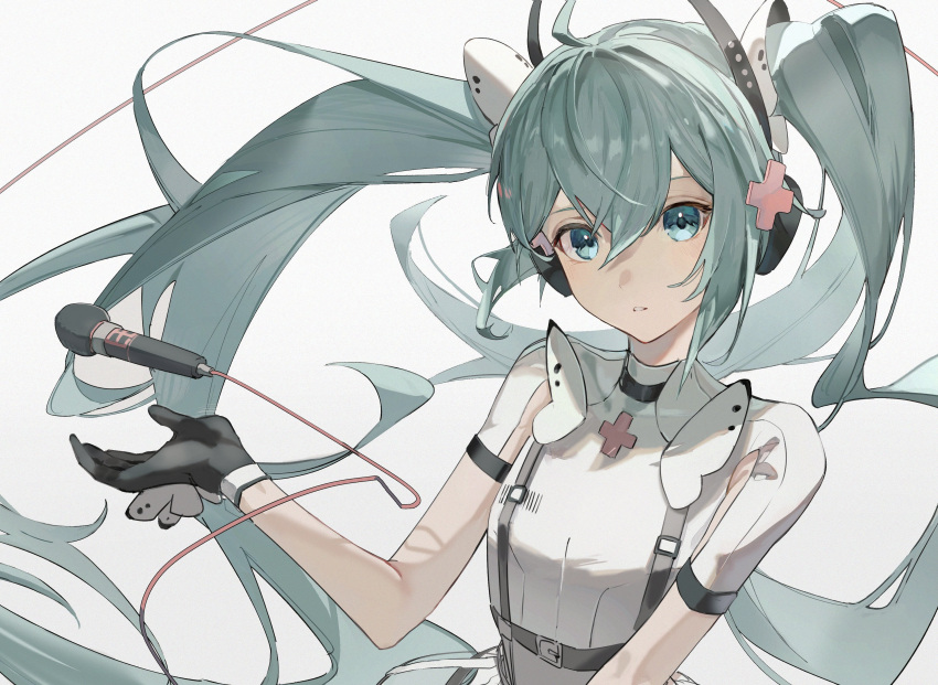 1girl absurdres aqua_eyes aqua_hair black_gloves butterfly_wings chest_harness commentary cross cross_hair_ornament gloves hair_ornament harness hatsune_miku headphones highres karasuro long_hair looking_at_viewer microphone microphone_cord parted_lips project_sekai short_sleeves solo twintails upper_body very_long_hair vocaloid wings