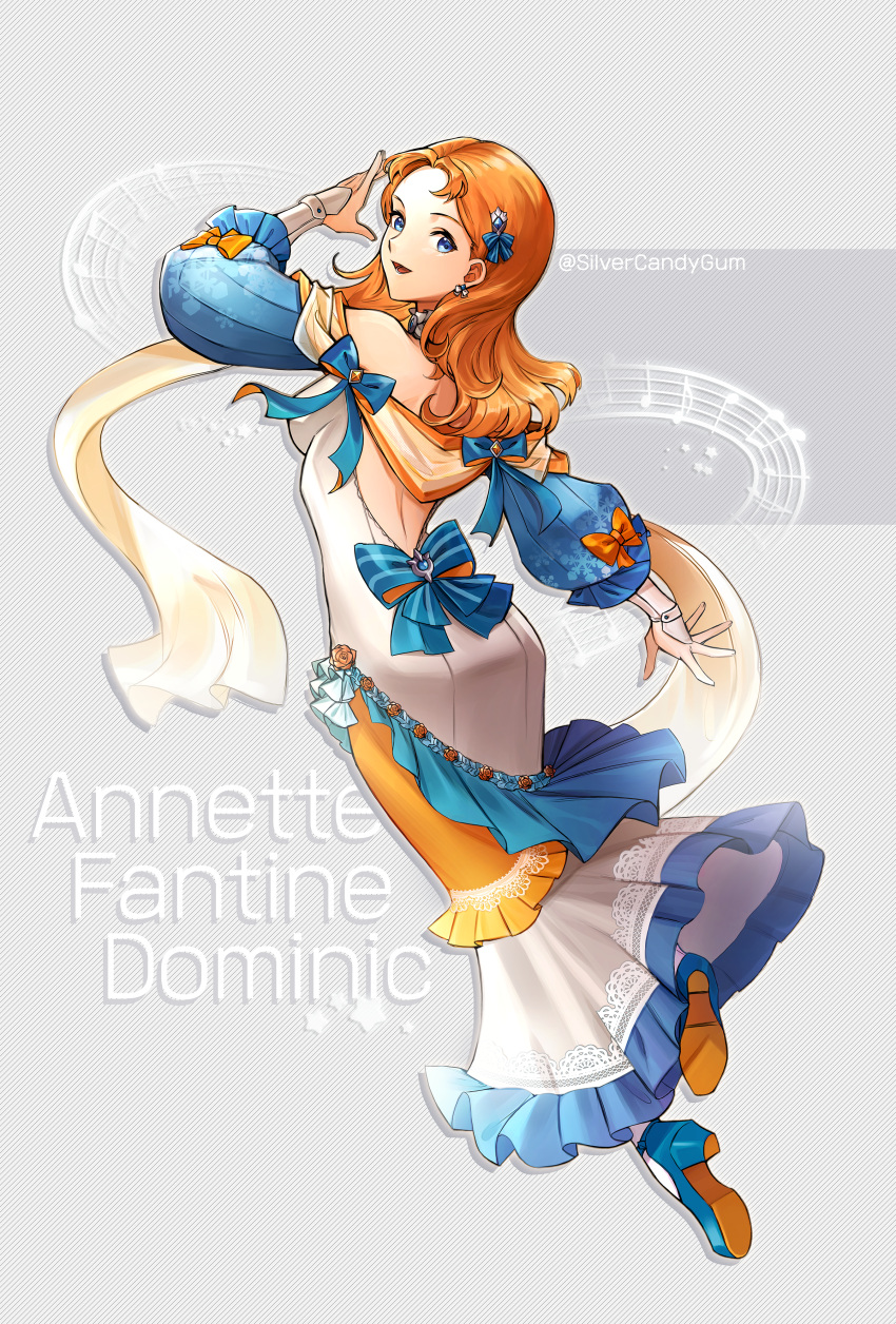 1girl :d absurdres adapted_costume annette_fantine_dominic ass bare_shoulders blue_bow blue_eyes blue_footwear bow breasts character_name commentary dress earrings fire_emblem fire_emblem:_three_houses forehead from_behind grey_background hair_bow highres jewelry large_breasts long_dress long_hair long_sleeves looking_at_viewer looking_back musical_note off-shoulder_dress off_shoulder open_mouth orange_hair shawl shoes silvercandy_gum smile solo staff_(music) white_dress