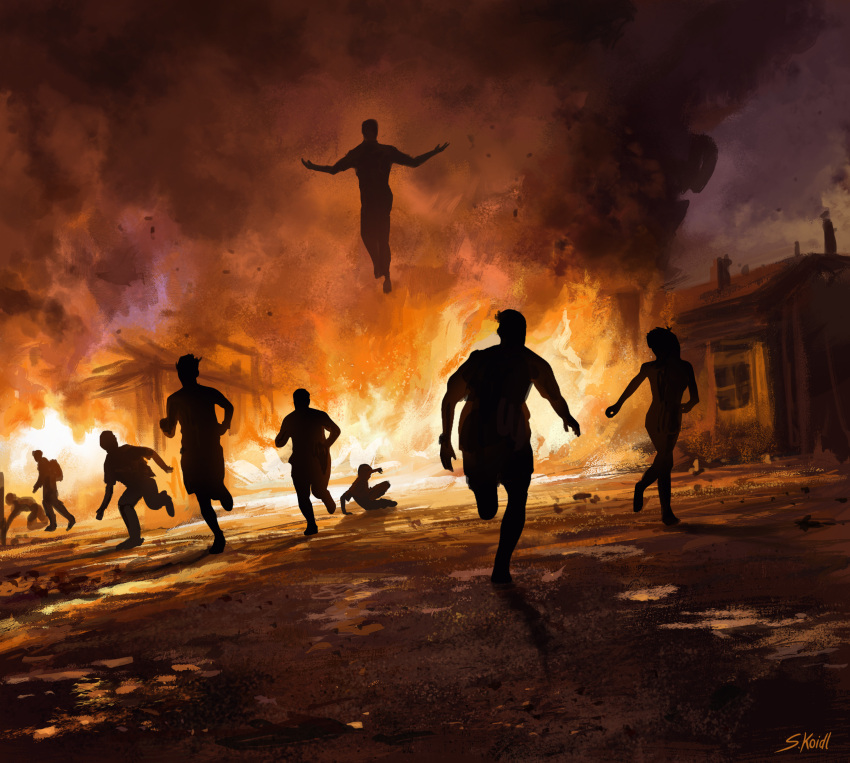 6+others absurdres building commentary english_commentary fire floating highres horror_(theme) multiple_others on_ground original outdoors running signature silhouette smoke stefan_koidl