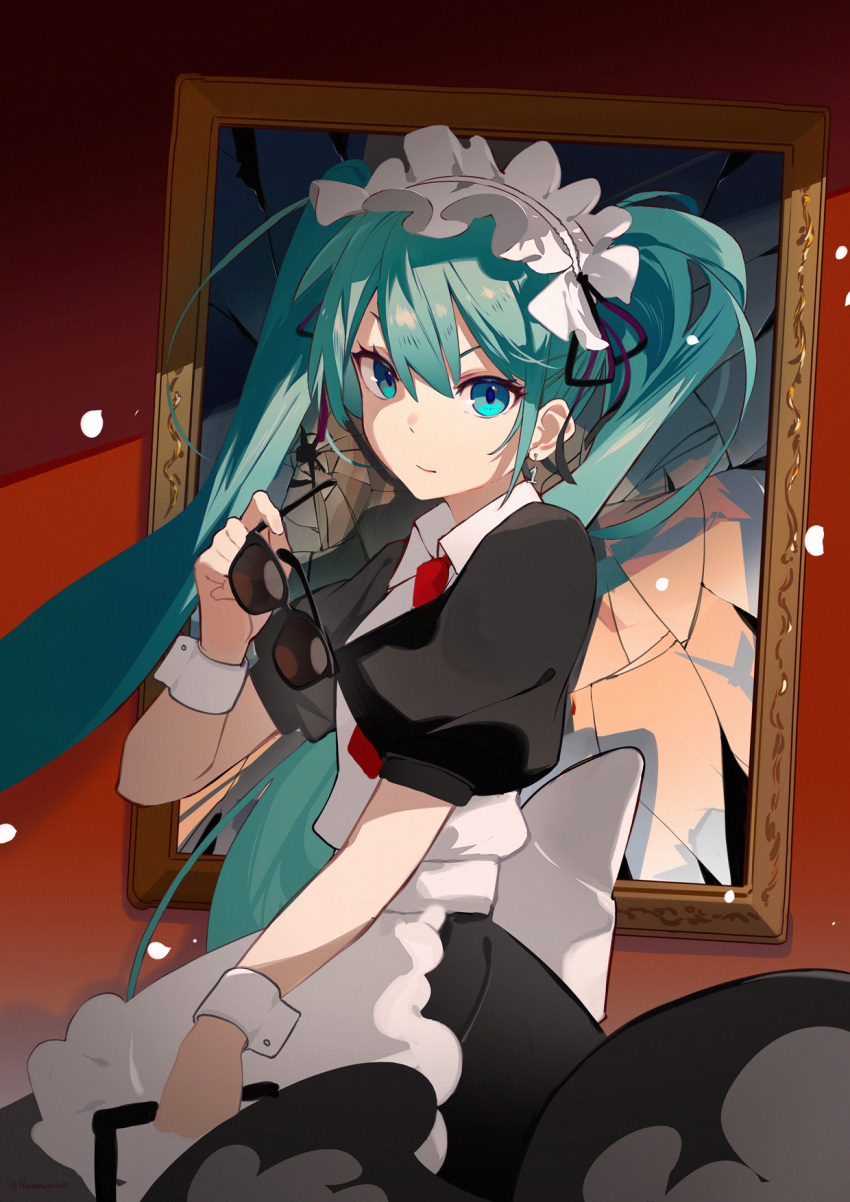 1girl apron aqua_hair back_bow black_dress black_ribbon blue_eyes bow closed_mouth crack dress eyewear_removed hair_ribbon hatsune_miku highres holding holding_eyewear hua_ben_wuming long_hair looking_at_viewer maid maid_headdress necktie puffy_short_sleeves puffy_sleeves red_necktie ribbon short_sleeves solo sunglasses twintails very_long_hair vocaloid white_apron white_bow