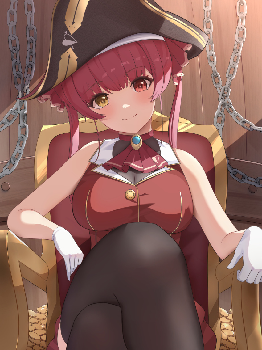 1girl absurdres ascot black_legwear breasts brooch chain chair closed_mouth crossed_legs gloves gold_coin gold_trim hat heterochromia highres hololive houshou_marine jewelry large_breasts long_hair looking_at_viewer pirate_hat red_eyes red_shirt red_skirt redhead shirt sitting skirt sleeveless sleeveless_shirt smile solo thigh-highs tokutokenzen twintails virtual_youtuber white_gloves yellow_eyes