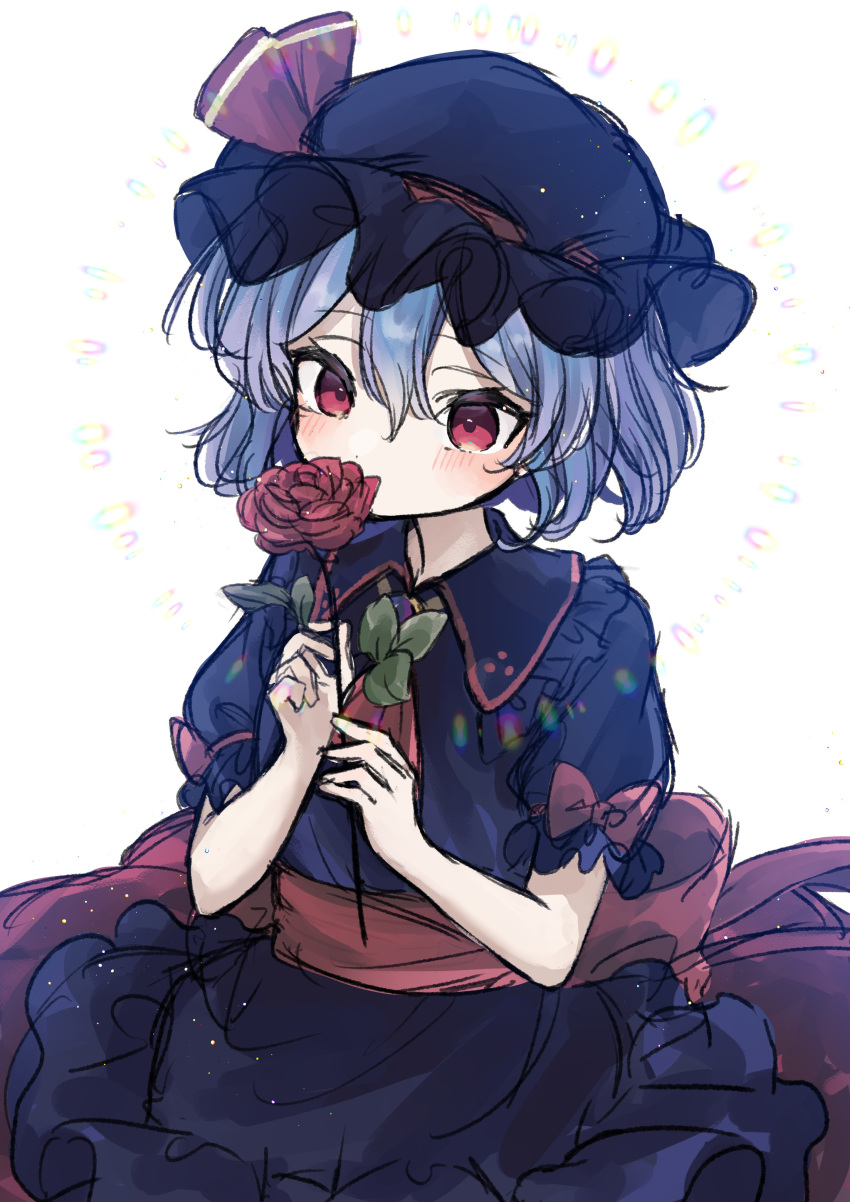 1girl absurdres alternate_color bangs black_dress black_headwear bow cowboy_shot dress eyebrows_visible_through_hair flower hakurei_kaede hat hat_ribbon highres holding holding_flower looking_at_viewer one-hour_drawing_challenge red_bow red_eyes red_flower red_ribbon red_rose remilia_scarlet ribbon rose short_sleeves simple_background solo standing touhou white_background