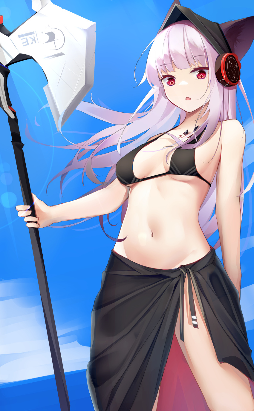 1girl absurdres animal_ears arknights axe bangs bare_arms bare_shoulders bikini black_bikini black_headwear blue_sky breasts commentary cowboy_shot day eyebrows_visible_through_hair fox_ears frostleaf_(arknights) highres holding holding_axe holding_weapon kotoha_(kotoha65) long_hair looking_at_viewer medium_breasts navel open_mouth oripathy_lesion_(arknights) purple_hair red_eyes sarong sky solo standing stomach swimsuit thighs very_long_hair weapon