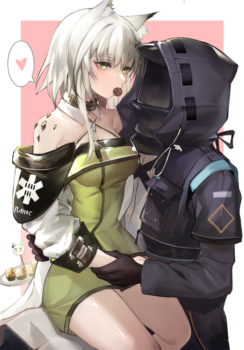 1boy 1girl animal_ears arknights bangs bare_shoulders black_jacket cat_ears commentary_request criss-cross_halter doctor_(arknights) dress eyebrows_visible_through_hair green_dress green_eyes halterneck heart highres jacket kal'tsit_(arknights) long_sleeves looking_at_another mouth_hold off_shoulder oripathy_lesion_(arknights) short_dress short_hair sitting sitting_on_lap sitting_on_person smile spoken_heart tabayashi thighs white_hair