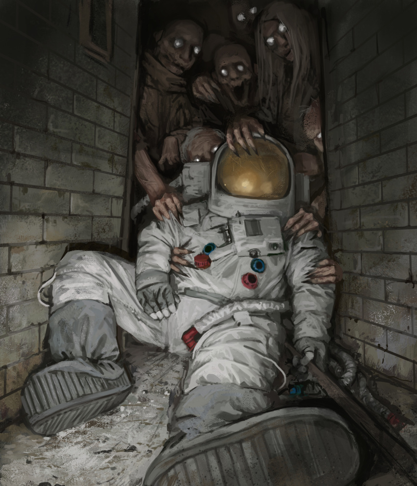 6+others absurdres alley ambiguous_gender commentary english_commentary fingernails highres horror_(theme) long_hair multiple_others open_mouth original scratched sharp_fingernails space_helmet spacesuit stefan_koidl white_eyes zombie