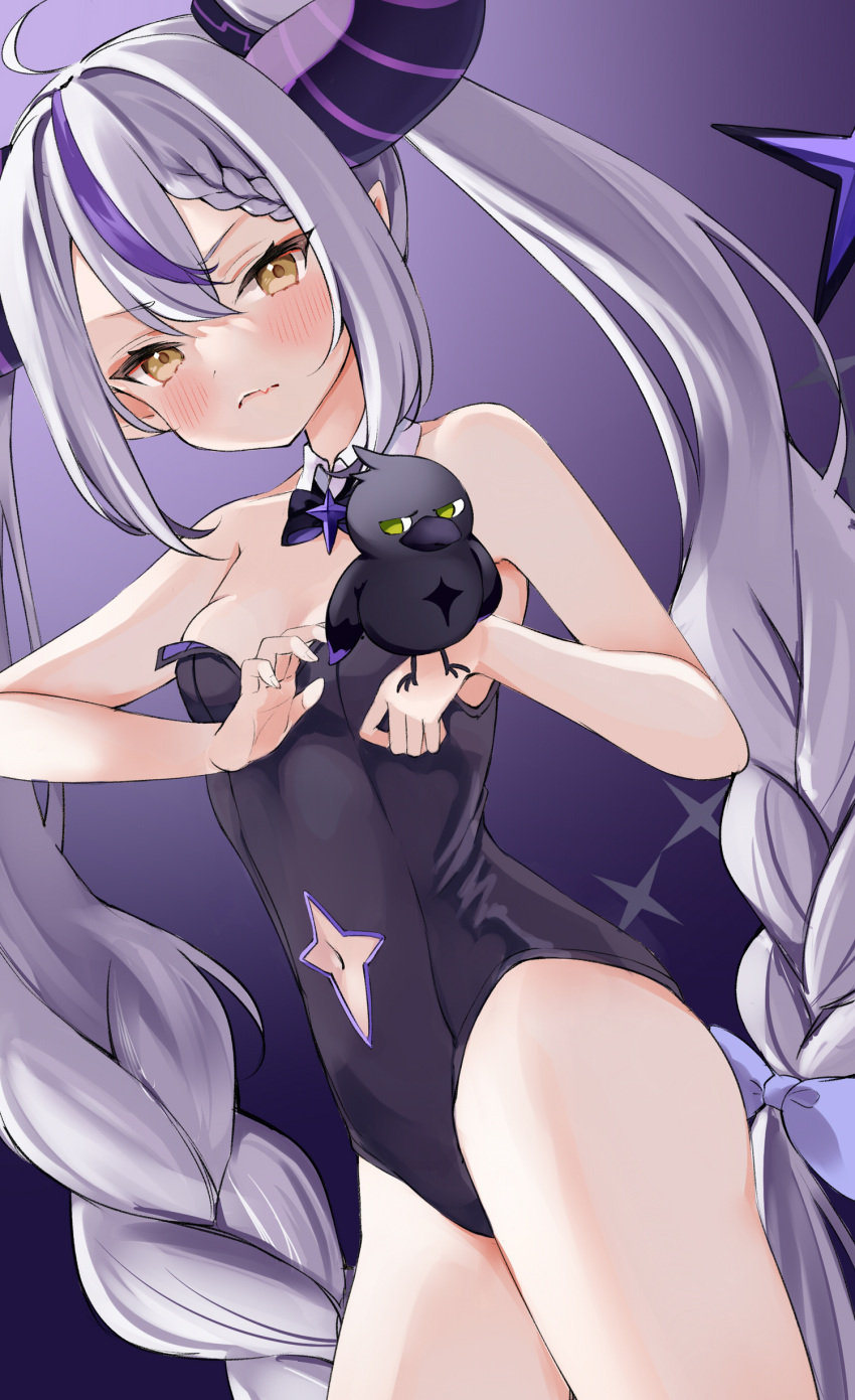 1girl absurdres ahoge bangs blush breasts demon_horns eyebrows_visible_through_hair highres hololive horns la+_darknesss long_hair looking_at_viewer multicolored_hair navel playboy_bunny roriwanko solo virtual_youtuber