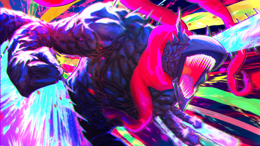 1other absurdres black_horns blood chainsaw chainsaw_devil chainsaw_man clenched_hand highres horns hybrid looking_to_the_side multicolored_background open_mouth organs scarf sharp_teeth solo spikes teeth tongue toyaboku
