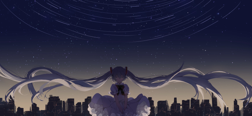 1girl aqua- blue_eyes blue_hair bow bowtie building cityscape closed_mouth commentary cowboy_shot dress floating_hair frilled_dress frills hatsune_miku highres layered_dress light_smile long_hair looking_at_viewer night night_sky own_hands_together puffy_short_sleeves puffy_sleeves red_bow red_bowtie short_sleeves sky solo standing star_(sky) star_trail starry_sky straight-on twintails very_long_hair vocaloid white_dress