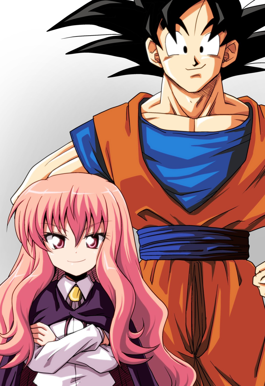 1boy 1girl black_eyes black_hair cape crossed_arms crossover dougi dragon_ball dragon_ball_z eyebrows_behind_hair eyebrows_visible_through_hair gradient gradient_background hands_on_hips highres kamishima_kanon long_hair louise_francoise_le_blanc_de_la_valliere pink_eyes pink_hair smile son_goku zero_no_tsukaima