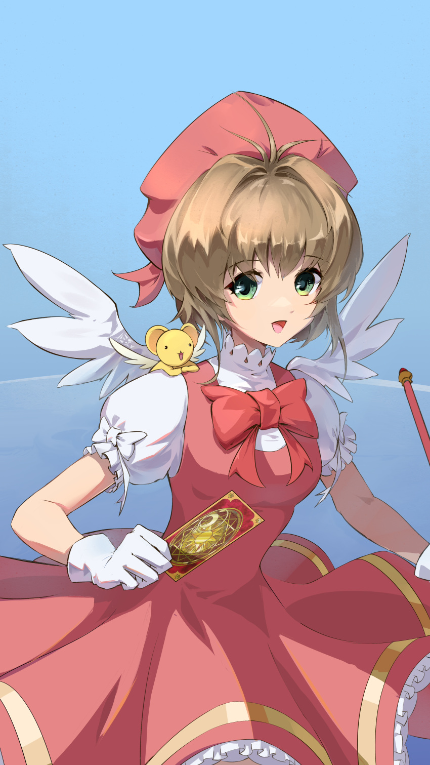 1girl absurdres blue_background bow breasts cardcaptor_sakura clow_card fjcyyjcf5 gloves green_eyes highres kero kinomoto_sakura magical_girl open_mouth red_bow simple_background white_gloves wings