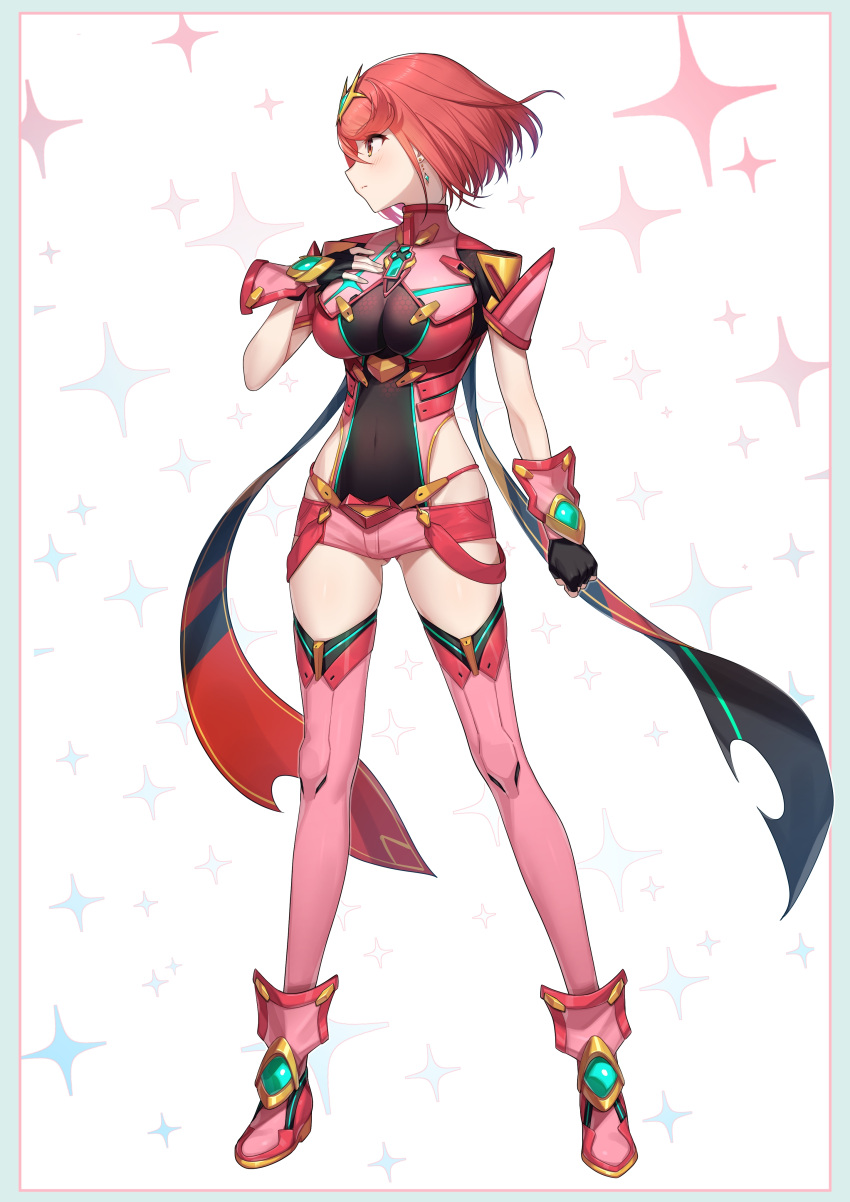 1girl absurdres bangs black_gloves breasts chest_jewel earrings fingerless_gloves gem gloves green322 highres jewelry large_breasts pyra_(xenoblade) red_eyes red_legwear red_shorts redhead revision short_hair short_shorts shorts skindentation solo swept_bangs thigh-highs tiara xenoblade_chronicles_(series) xenoblade_chronicles_2