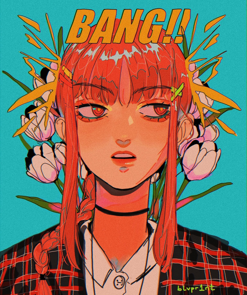 1girl artist_name bangs blue_background blvpr1nt braid braided_ponytail chainsaw_man choker english_text eyebrows_visible_through_hair flower hair_ornament highres jacket lily_(flower) long_hair looking_to_the_side lumberjack makima_(chainsaw_man) open_mouth ponytail ringed_eyes simple_background solo teeth