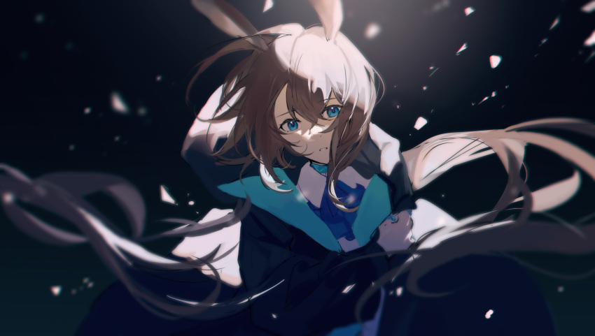 1girl absurdres amiya_(arknights) animal_ears aqua- arknights bangs blue_eyes blurry brown_hair chromatic_aberration commentary_request crossed_bangs hair_between_eyes highres long_hair parted_lips rabbit_ears solo spotlight upper_body