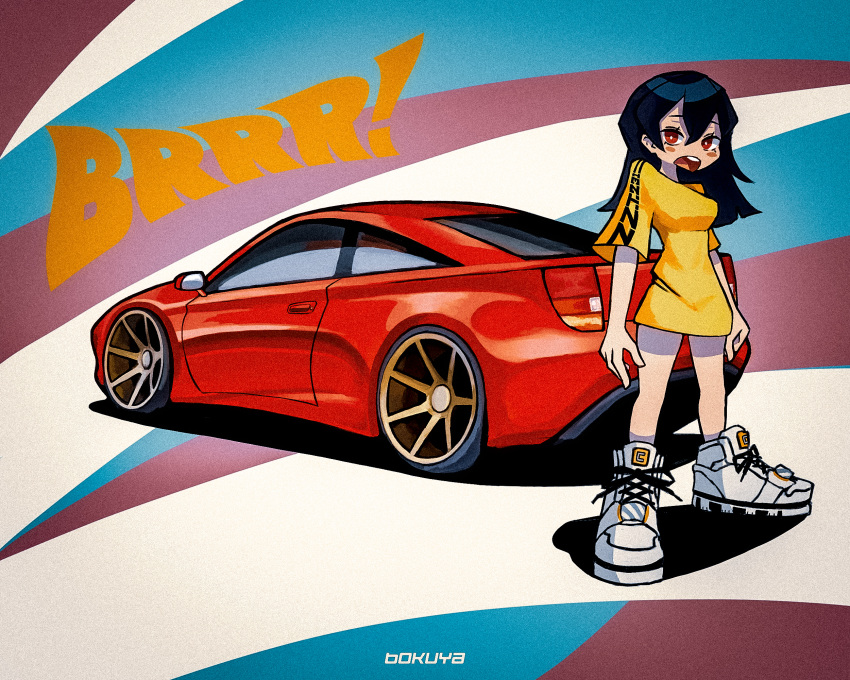 1girl artist_name black_hair blush bokuya breasts brown_eyes car ground_vehicle highres long_hair looking_at_viewer medium_breasts motor_vehicle open_hands original shirt shoes sneakers sports_car tail_lights toon_(style) toyota toyota_celica white_footwear yellow_shirt