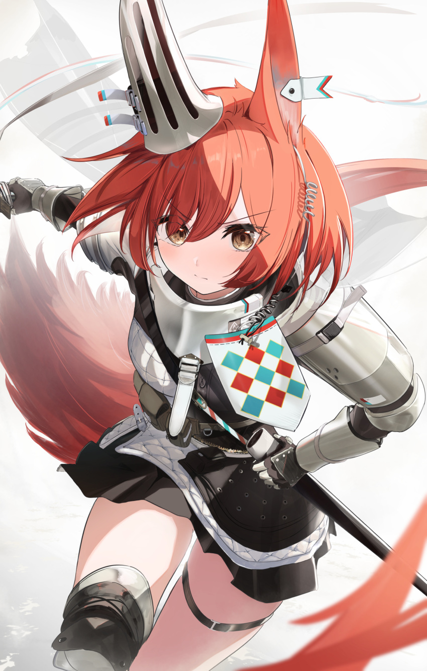 1girl animal_ears arknights arm_guards armor bangs belt belt_pouch black_skirt blush brown_eyes closed_mouth eyebrows_visible_through_hair flametail_(arknights) hair_between_eyes hand_on_sheath highres holding holding_sword holding_weapon knee_pads long_hair looking_at_viewer mask mask_around_neck miniskirt nokke_o pleated_skirt pouch redhead simple_background single_thighhigh skirt solo squirrel_ears squirrel_girl squirrel_tail sword tail thigh-highs thigh_strap unsheathed v-shaped_eyebrows very_long_hair weapon white_background white_legwear